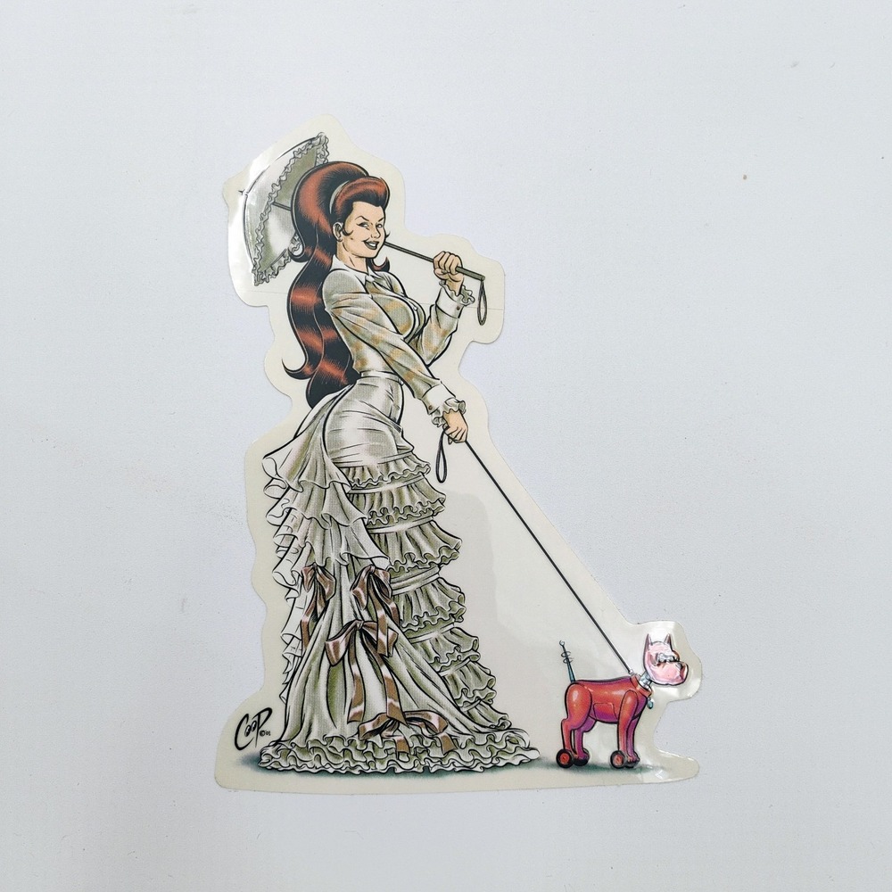 Coop Art Sticker Pinup Victorian Woman Walking Robot Dog Retro Decal 2001 VTG